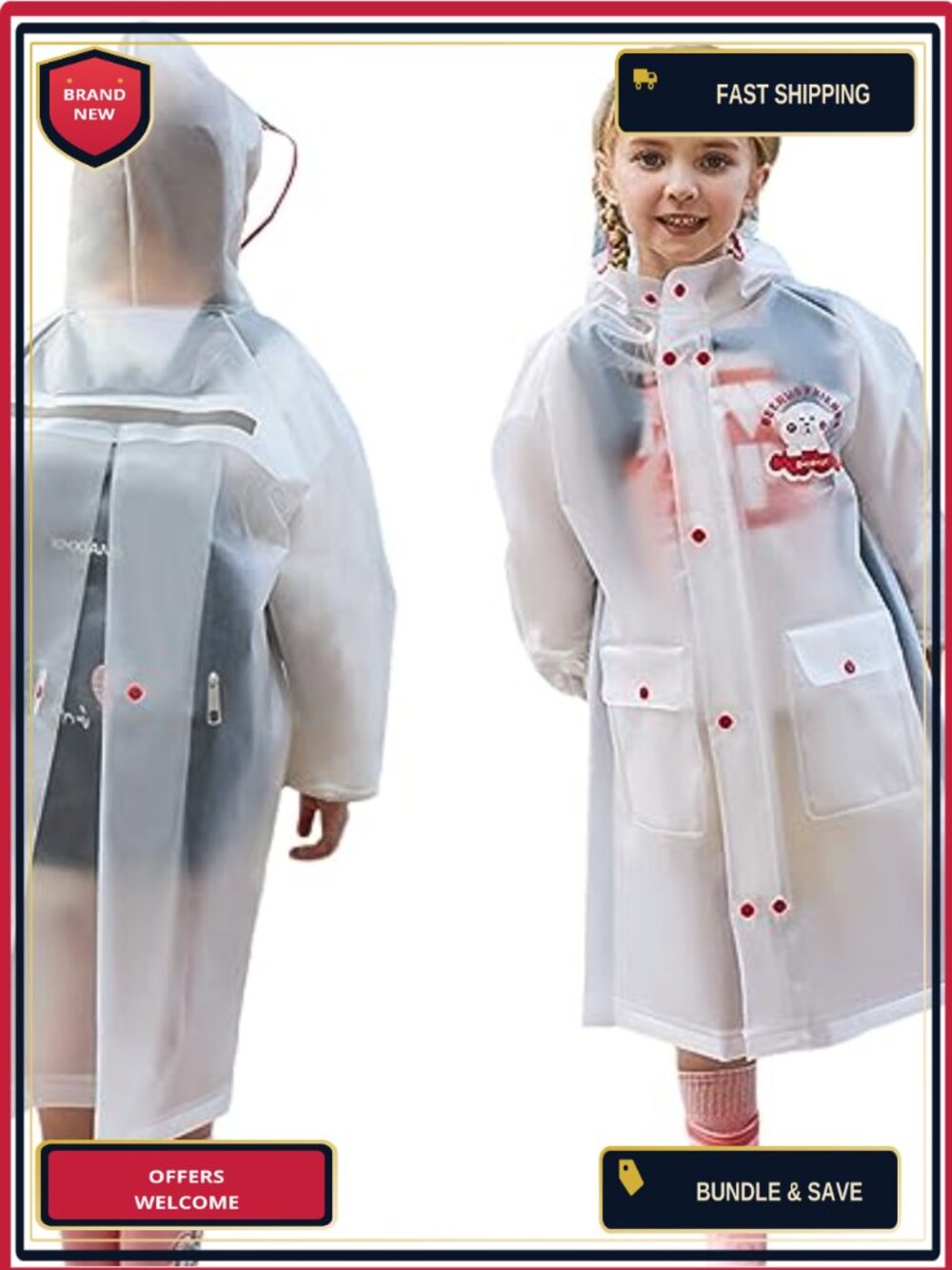 Kids Waterproof Rain Coat Lightweight Long Sleeve Hooded